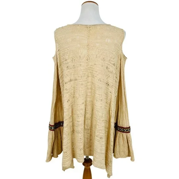 Free People Beige Crochet Cold Shoulder Bell Slv Asymmetrical Tunic Mini Dress - Picture 7 of 16